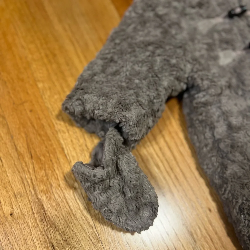John Lewis UK Plush Bear Ears Hooded Pram Suit One Piece Gray Taupe 3-6 Months